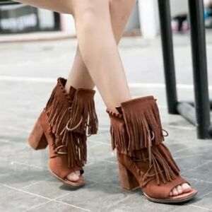 MJUS Fringed Boots Lace Up Open Toe Chunky Heel Orange Suede